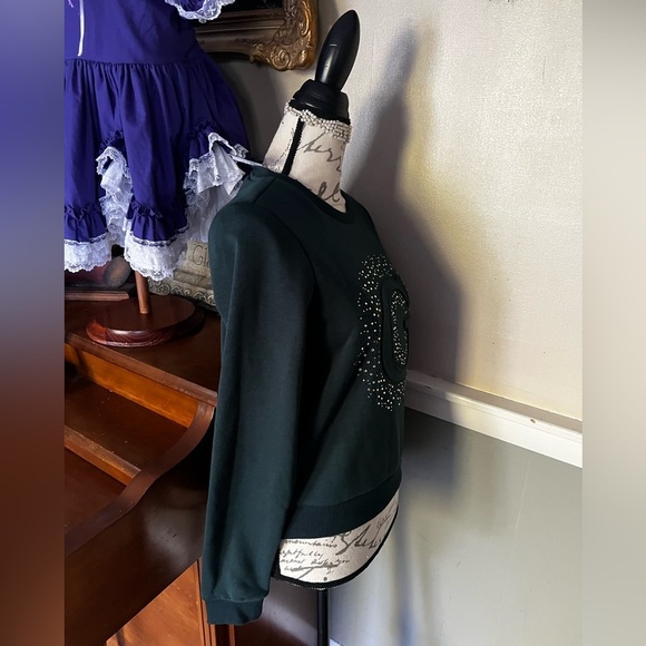 💚 Guess Dark Jade Bling Gold Pullover Fleece Crew Sweatshirt Size S NWT - Picture 3 of 5